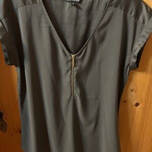 Express dark olive V-Neck Blouse with Gold Accent